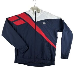 Vintage Reebok Jacket Mens 2XL Navy Blue White Red Windbreaker Full Zip 90s
